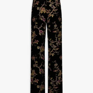 Pantalon droit à motif floral en velours de soie