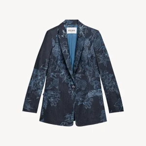 Veste cintrée en bleu denim imprime