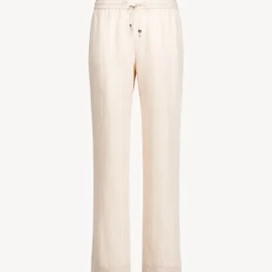 Pantalon droit fluide beige en lin à rayures