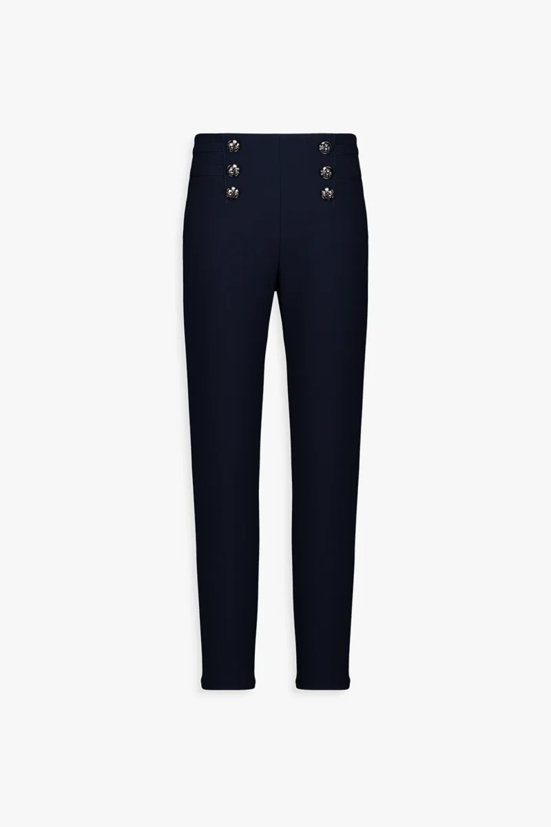 Pantalon slim marine à bouton floral
