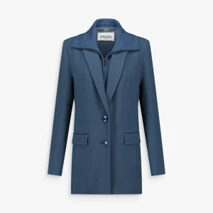 Veste tailleur bleu denim double face à col zippé