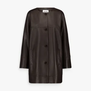 Veste en cuir marron à col rond mi-longue