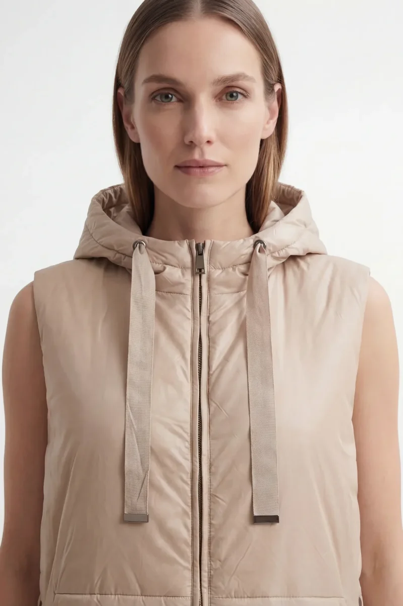 Doudoune longue sans manches beige à capuche – Image 5