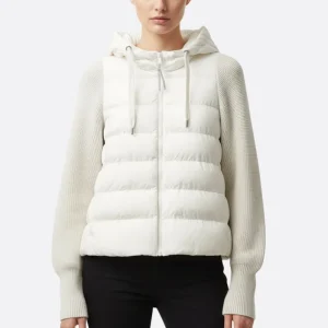 Doudoune blanche bi-matière en duvet de canard à capuche