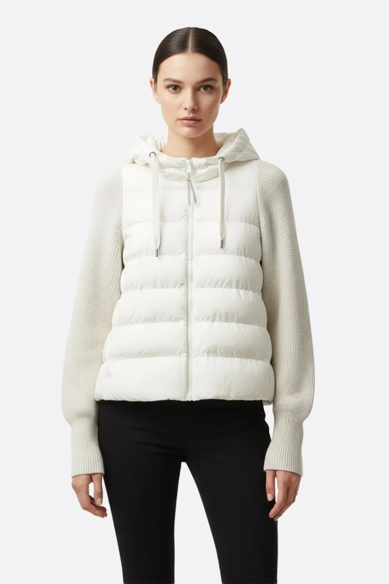 Doudoune blanche bi-matière en duvet de canard à capuche