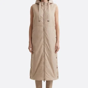 Doudoune longue sans manches beige à capuche