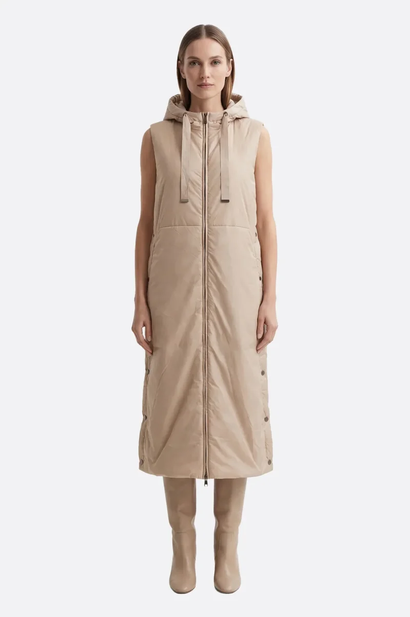 Doudoune longue sans manches beige à capuche