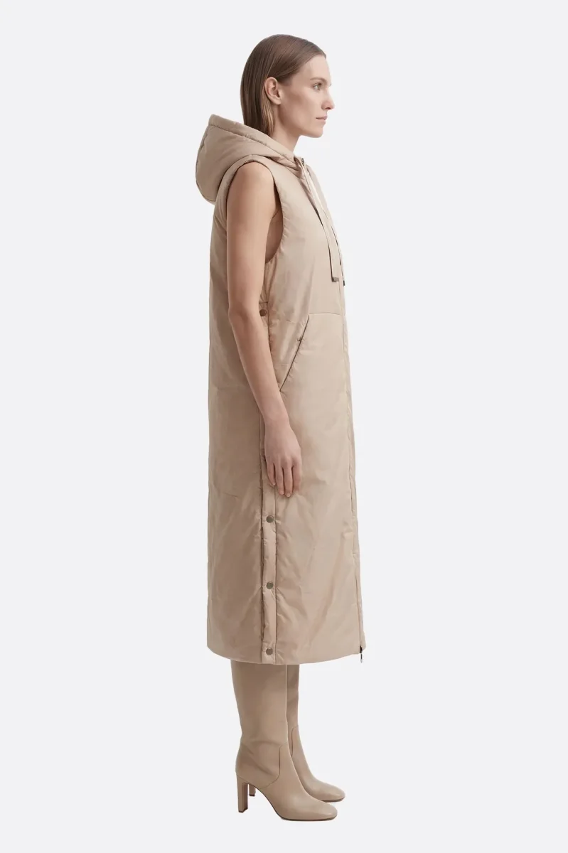 Doudoune longue sans manches beige à capuche – Image 3