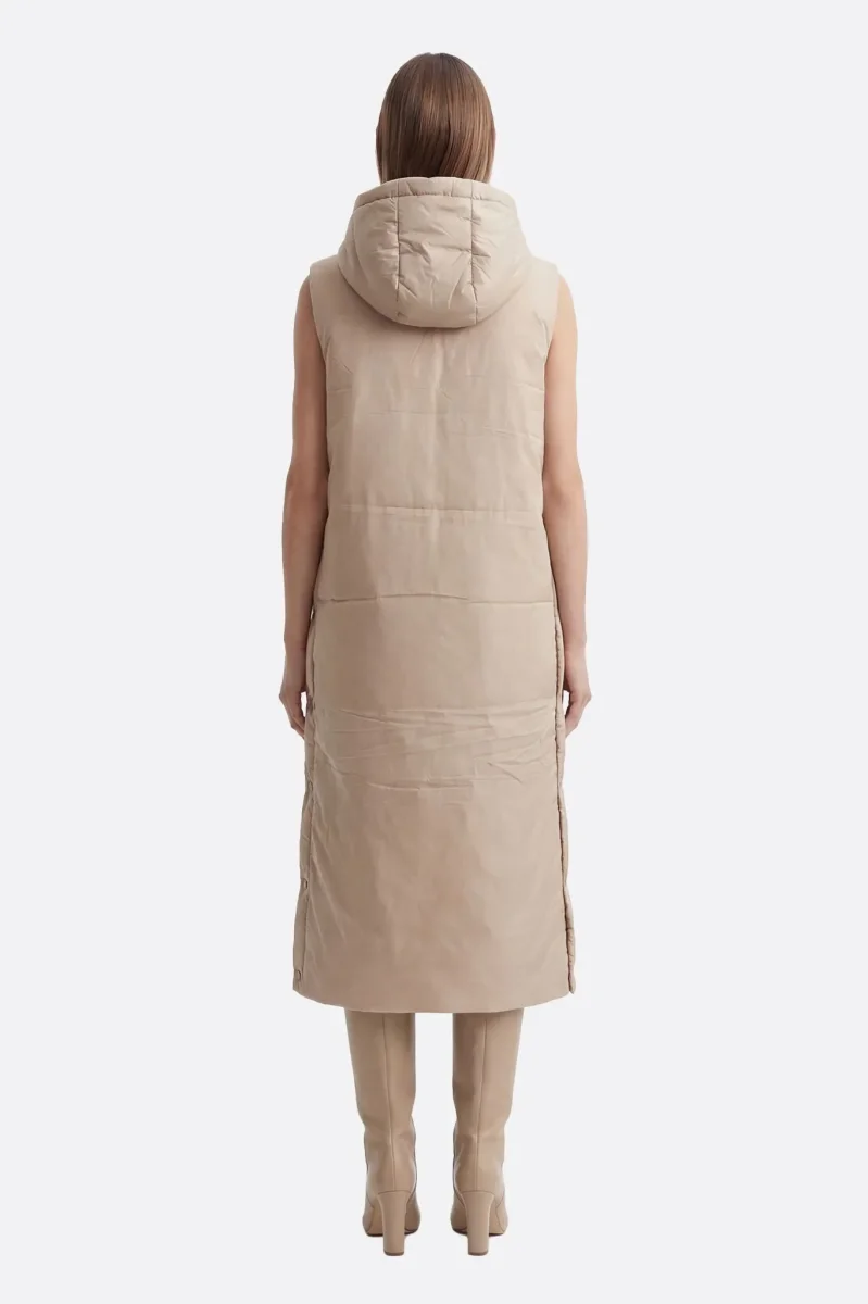 Doudoune longue sans manches beige à capuche – Image 4