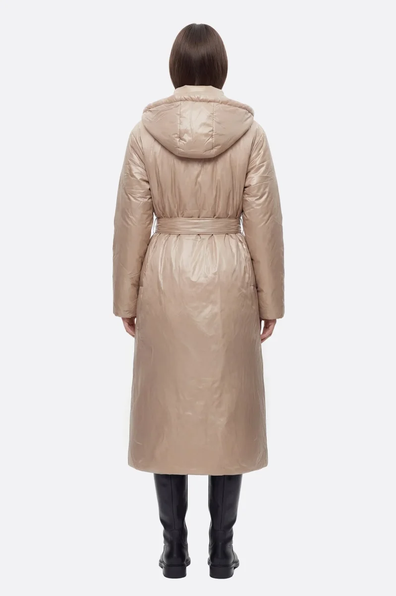 Doudoune longue nacrée beige ceinturée matelassée – Image 4