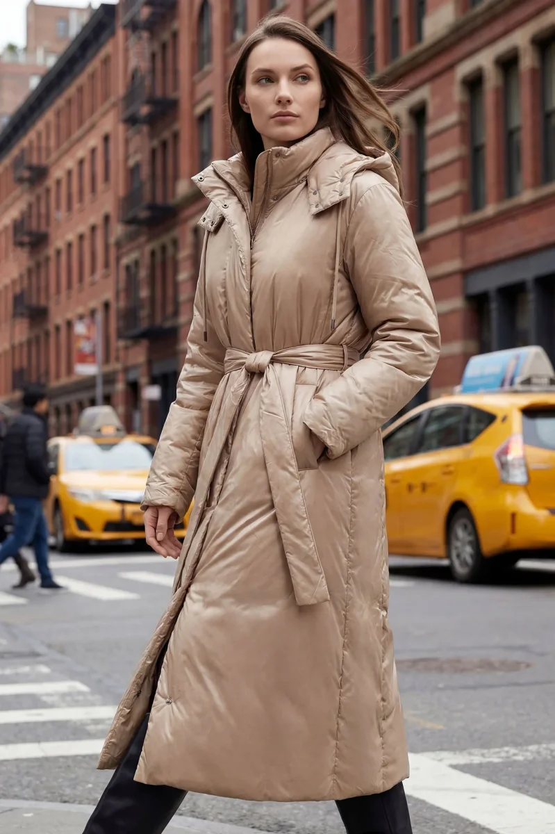 Doudoune longue nacrée beige ceinturée matelassée – Image 6