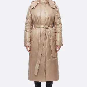 Doudoune longue nacrée beige ceinturée matelassée