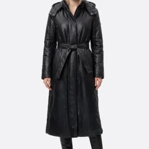 Doudoune longue noire ceinturée matelassée