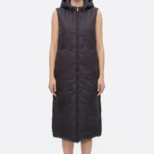 Doudoune longue sans manches noire à capuche