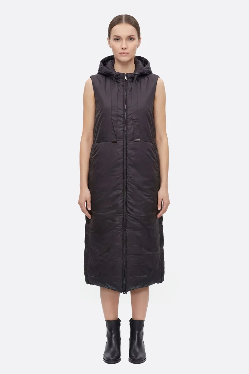 Doudoune longue sans manches noire à capuche – Image 2