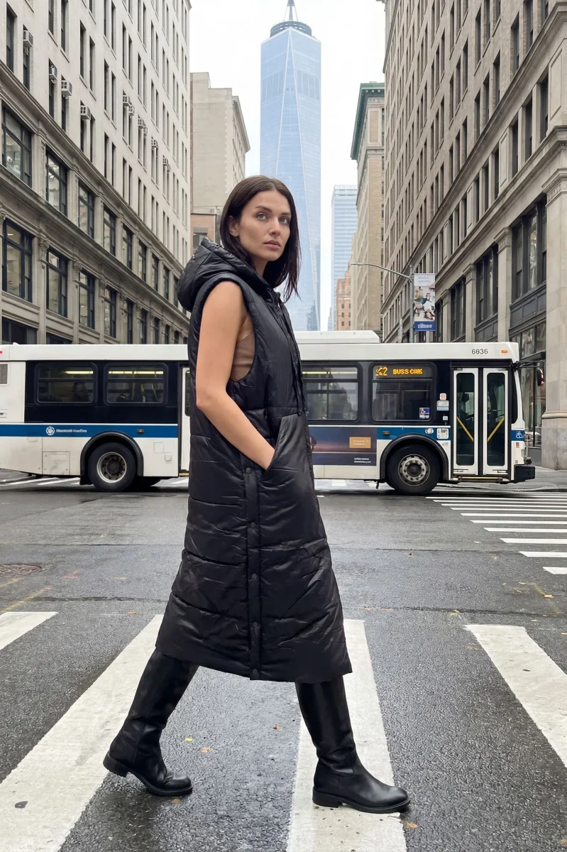 Doudoune longue sans manches noire à capuche – Image 6