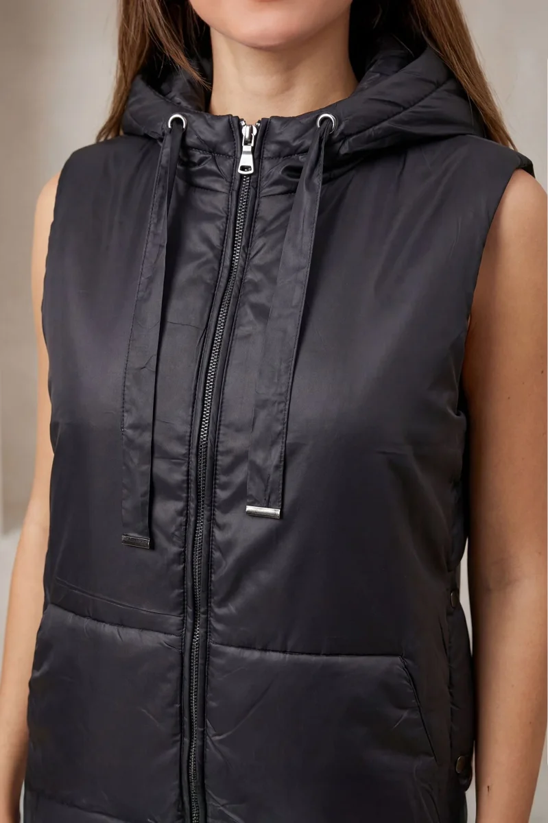 Doudoune longue sans manches noire à capuche – Image 5