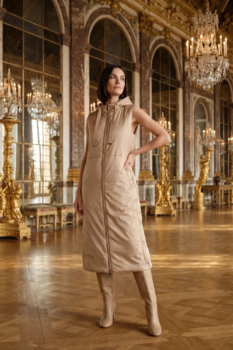 Doudoune longue sans manches beige à capuche – Image 6