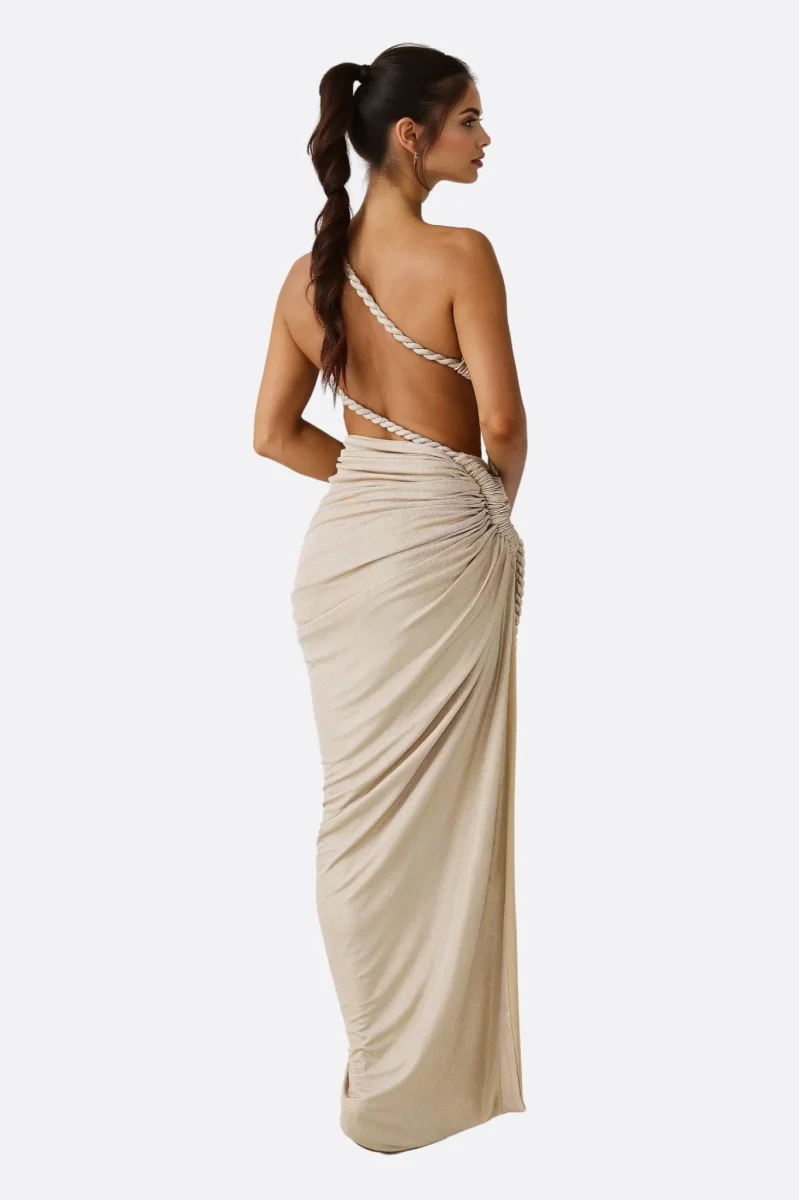 Ensemble beachwear asymétrique drapé beige – Image 4