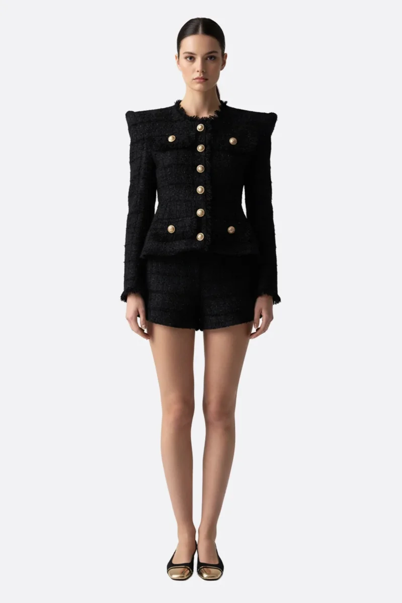 Ensemble en tweed noir femme veste tailleur et short – Image 2