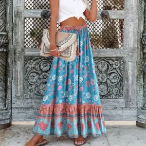Jupe bohème chic taille élastique et cordon de serrage
