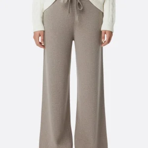 Pantalon en laine beige pour femme à coupe fluide et taille élastique