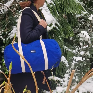 Grand Sac Bowling Bleu & Ecru, doublure à fleurs rouge