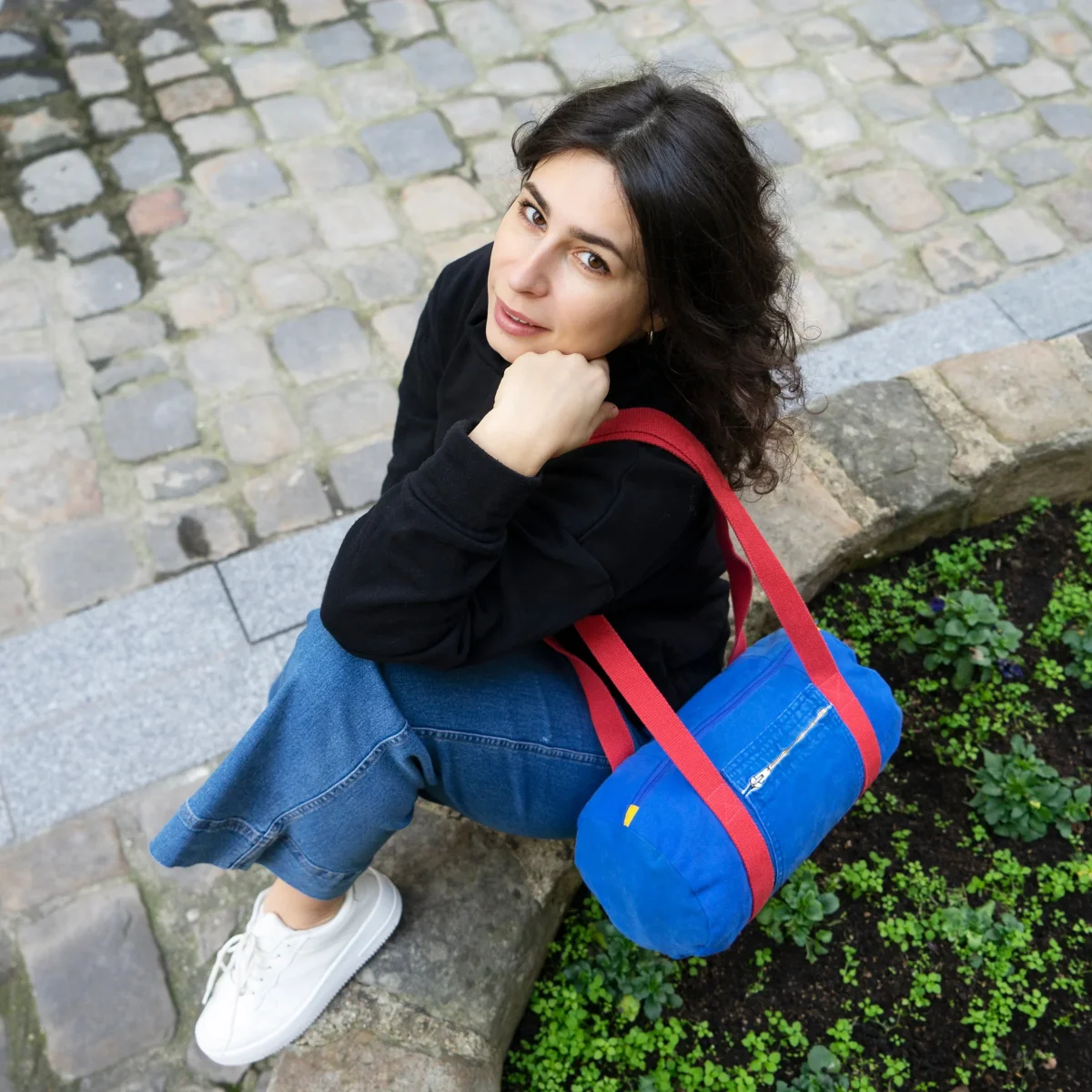 Sac Mini Bowling Bleu & Cerise, doublure unie jaune