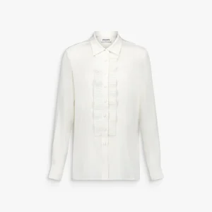 Chemise droite blanc cassé avec volants plissés