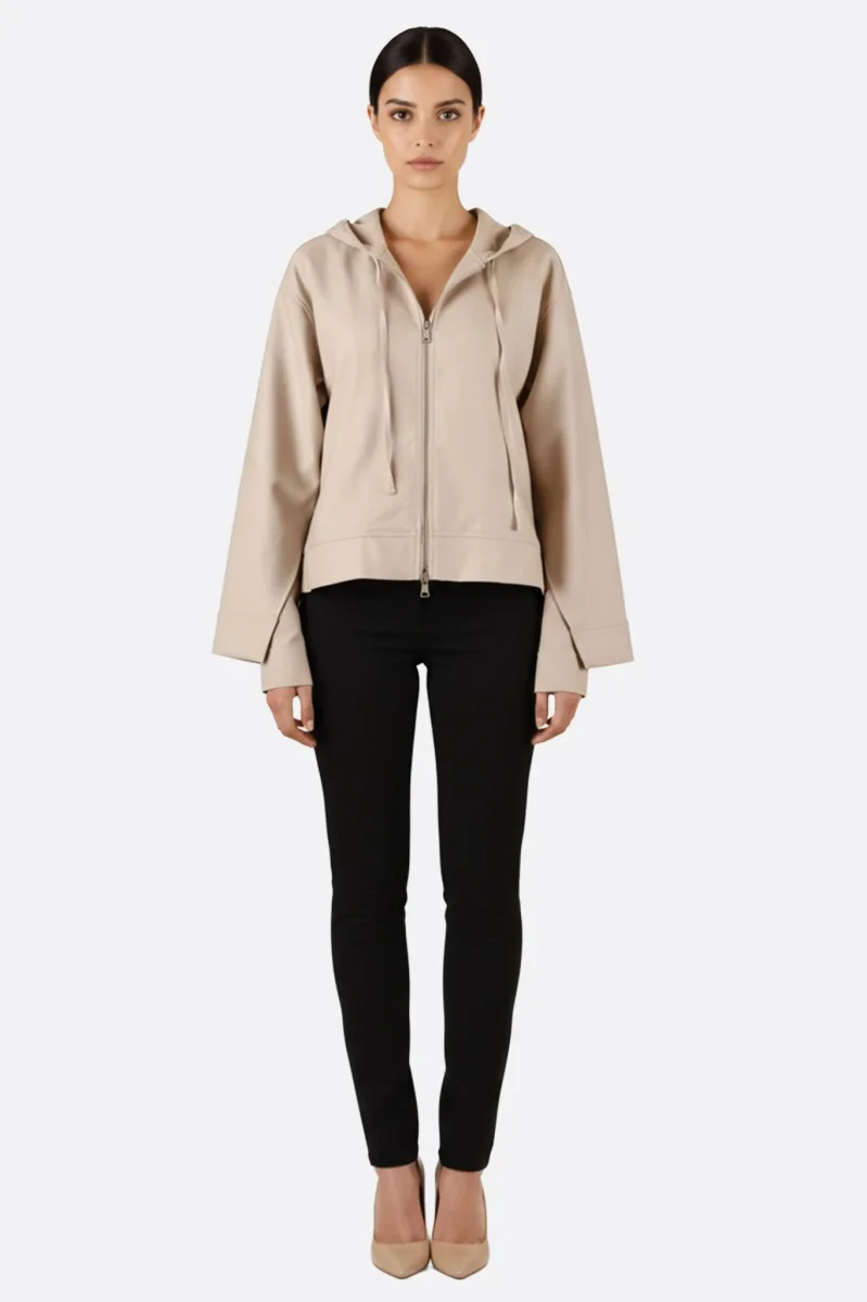 Veste à capuche zippée en toile de coton beige – Image 3