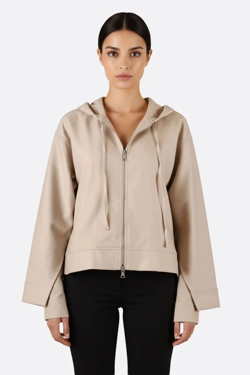 Veste à capuche zippée en toile de coton beige