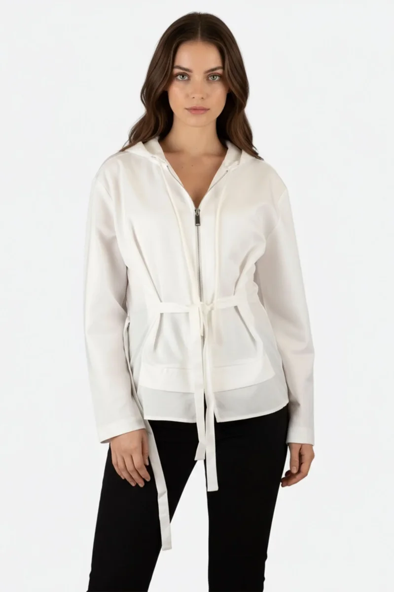 Veste-chemise blanche légère à capuche et liens à nouer – Image 2