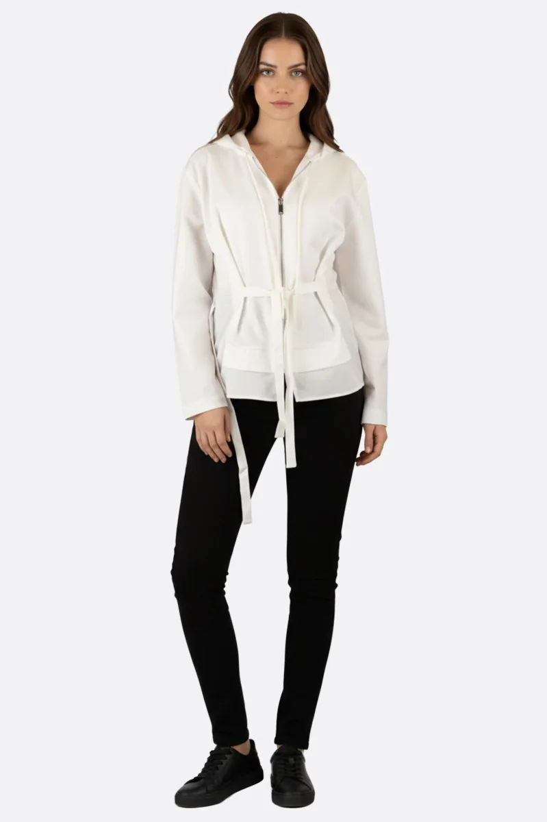 Veste-chemise blanche légère à capuche et liens à nouer – Image 3