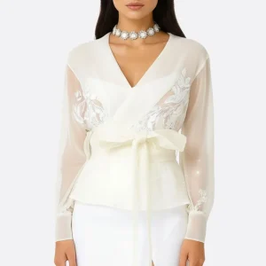 Veste-Chemise en organza écru à motif floral