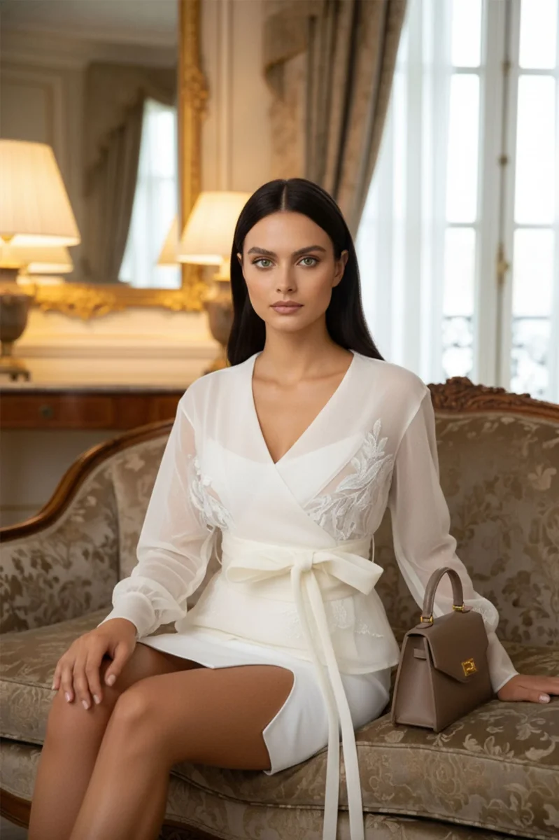 Veste-Chemise en organza écru à motif floral – Image 5