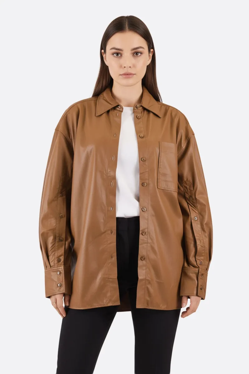 Veste-chemise oversize en similicuir marron