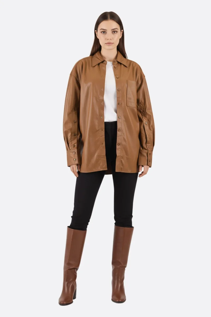 Veste-chemise oversize en similicuir marron – Image 3
