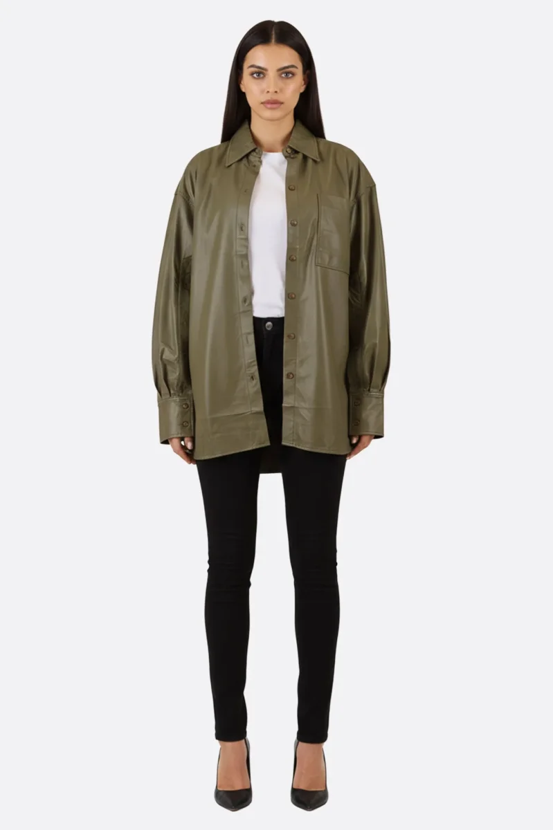 Veste-chemise oversize en similicuir vert kaki – Image 3