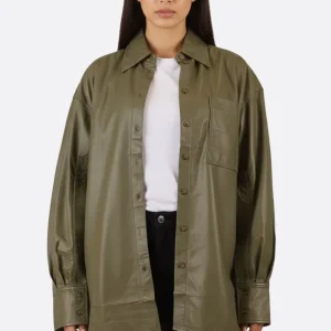 Veste-chemise oversize en similicuir vert kaki