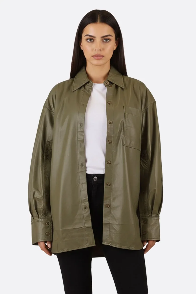 Veste-chemise oversize en similicuir vert kaki – Image 2