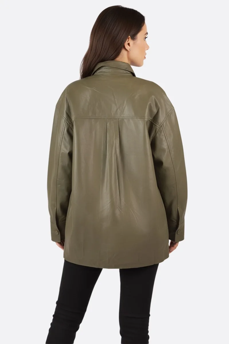 Veste-chemise oversize en similicuir vert kaki – Image 4