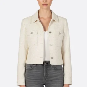 Veste courte en tweed blanc à sequins