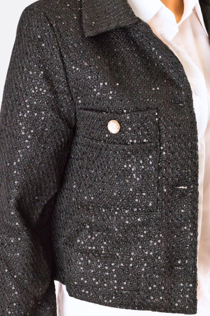 Veste courte en tweed noir à sequins – Image 6
