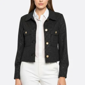 Veste courte en tweed noir à sequins
