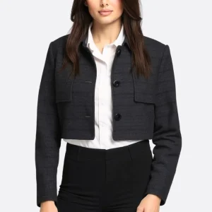 Veste courte noire en tweed à doublure satinée