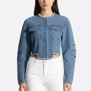 Veste en denim structurée à détails frangés